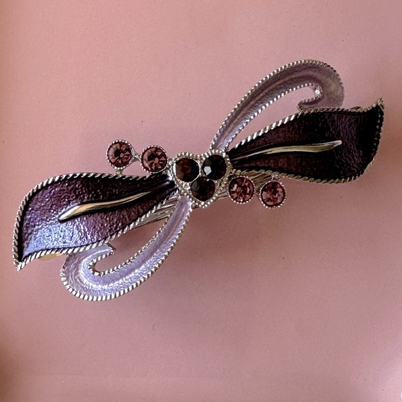 Purple Enamel and Crystal Bow & Heart Hair Barrette - Picture 3 of 7
